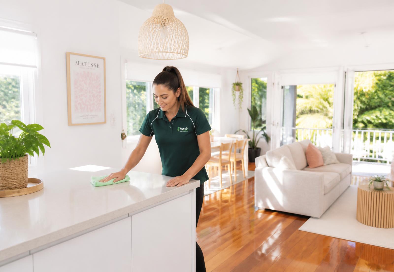 Nettoyer cleaner wiping a kitchen bench in a bright Brisbane home